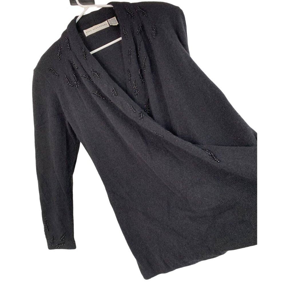 VTG Paul Alexander Black Long Line Angora Sweater S 7762 Bead Surplice wrap